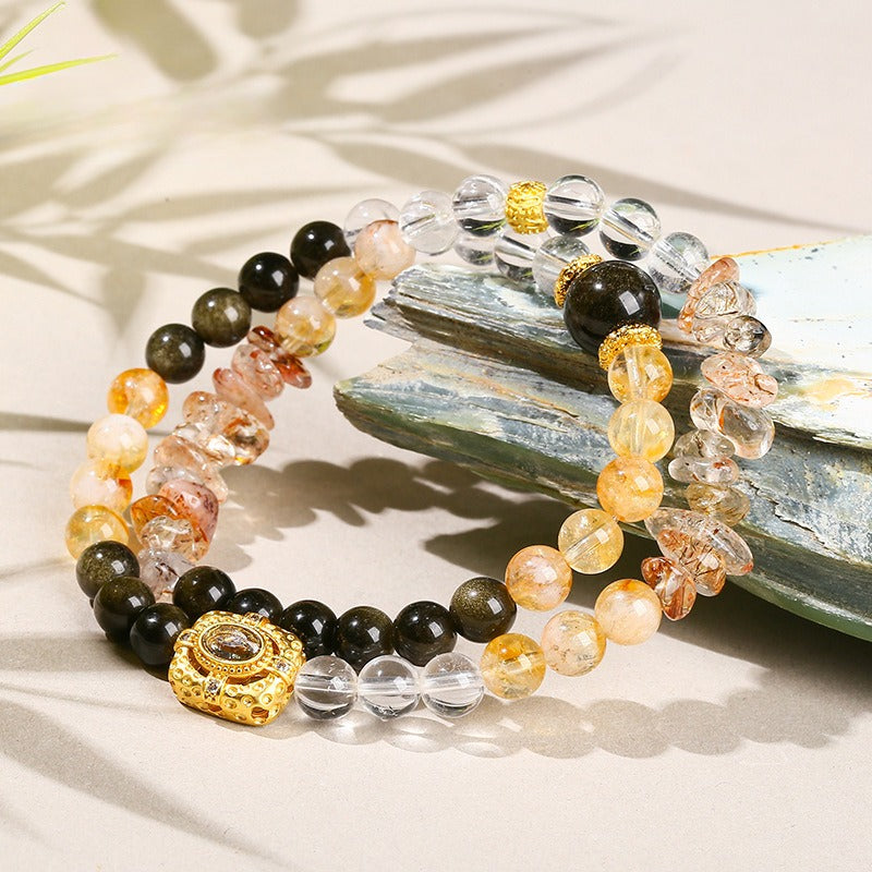 Natural Black Gold Super Seven Crystal Bracelet - Double Circle Crushed Stone Design, Original High-End Jewelry for Women