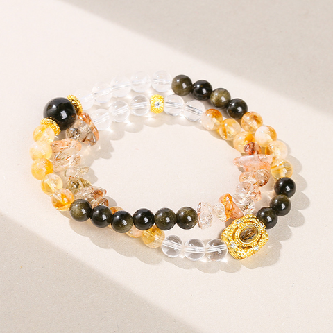 Natural Black Gold Super Seven Crystal Bracelet - Double Circle Crushed Stone Design, Original High-End Jewelry for Women