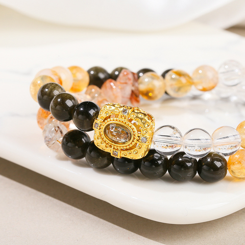 Natural Black Gold Super Seven Crystal Bracelet - Double Circle Crushed Stone Design, Original High-End Jewelry for Women