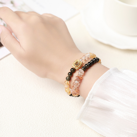 Natural Black Gold Super Seven Crystal Bracelet - Double Circle Crushed Stone Design, Original High-End Jewelry for Women