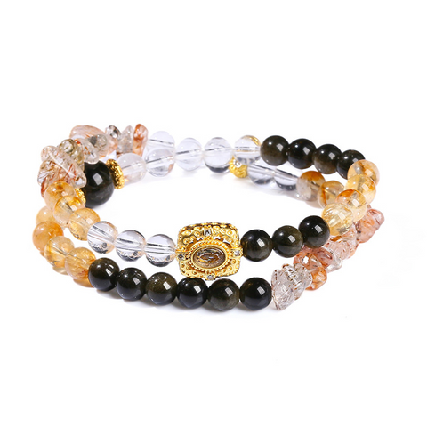 Natural Black Gold Super Seven Crystal Bracelet - Double Circle Crushed Stone Design, Original High-End Jewelry for Women