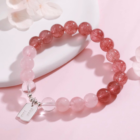 Natural Amethyst & Strawberry Crystal Bracelet for Women – Pure Silver Lucky Charm, Non-Fading High-Value Pink Crystal Jewelry