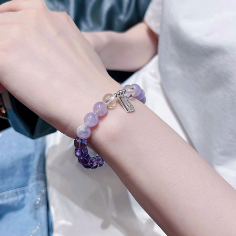 Natural Amethyst & Strawberry Crystal Bracelet for Women – Pure Silver Lucky Charm, Non-Fading High-Value Pink Crystal Jewelry