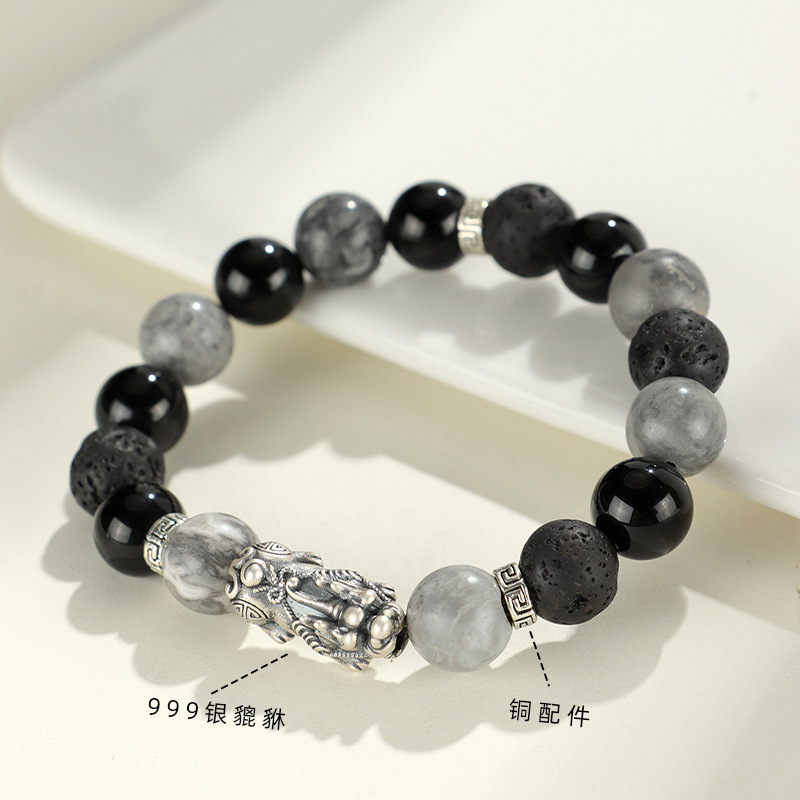 999 Silver Map Stone Beaded Bracelet | Black Agate Wealth & Fortune Bracelet for Men & Women | National Trend Jewelry Wholesale