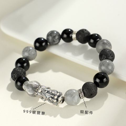 999 Silver Map Stone Beaded Bracelet | Black Agate Wealth & Fortune Bracelet for Men & Women | National Trend Jewelry Wholesale