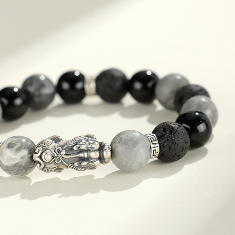 999 Silver Map Stone Beaded Bracelet | Black Agate Wealth & Fortune Bracelet for Men & Women | National Trend Jewelry Wholesale
