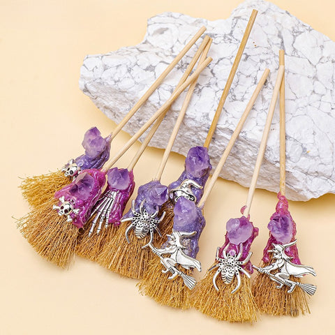 Natural Amethyst & Broom Crystal Mini Magic Broom – Halloween Decoration, Witchcraft Crystal Props