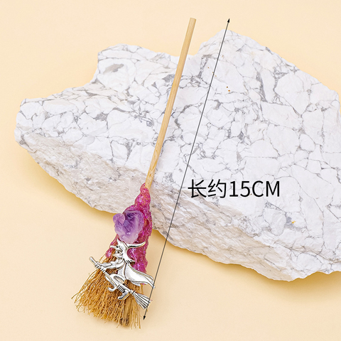 Natural Amethyst & Broom Crystal Mini Magic Broom – Halloween Decoration, Witchcraft Crystal Props