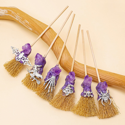 Natural Amethyst & Broom Crystal Mini Magic Broom – Halloween Decoration, Witchcraft Crystal Props