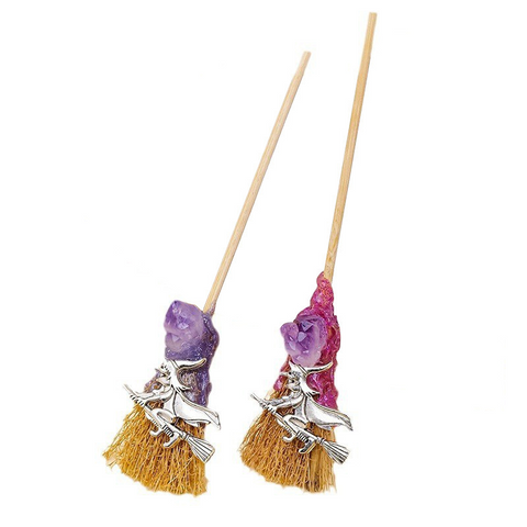 Natural Amethyst & Broom Crystal Mini Magic Broom – Halloween Decoration, Witchcraft Crystal Props