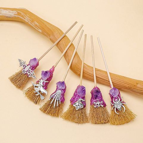 Natural Amethyst & Broom Crystal Mini Magic Broom – Halloween Decoration, Witchcraft Crystal Props
