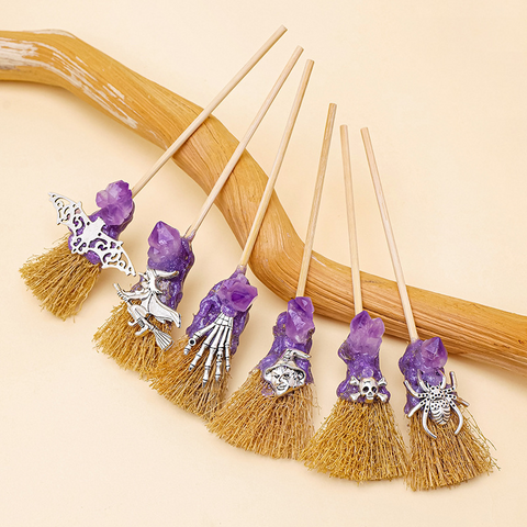 Natural Amethyst & Broom Crystal Mini Magic Broom – Halloween Decoration, Witchcraft Crystal Props
