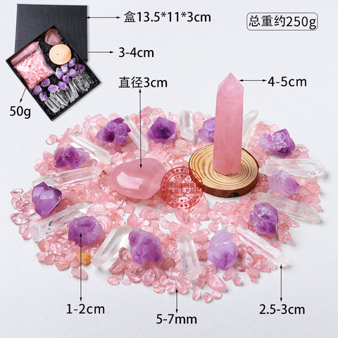 Natural Amethyst Raw Crystal Hexagonal Crystal Stone Set Pink Crystal Heart Mineral Specimen Ornament