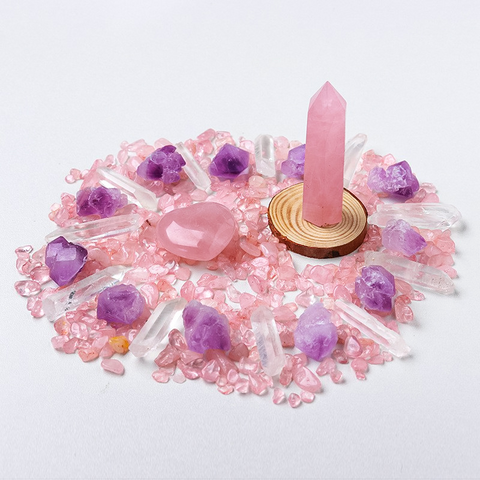 Natural Amethyst Raw Crystal Hexagonal Crystal Stone Set Pink Crystal Heart Mineral Specimen Ornament