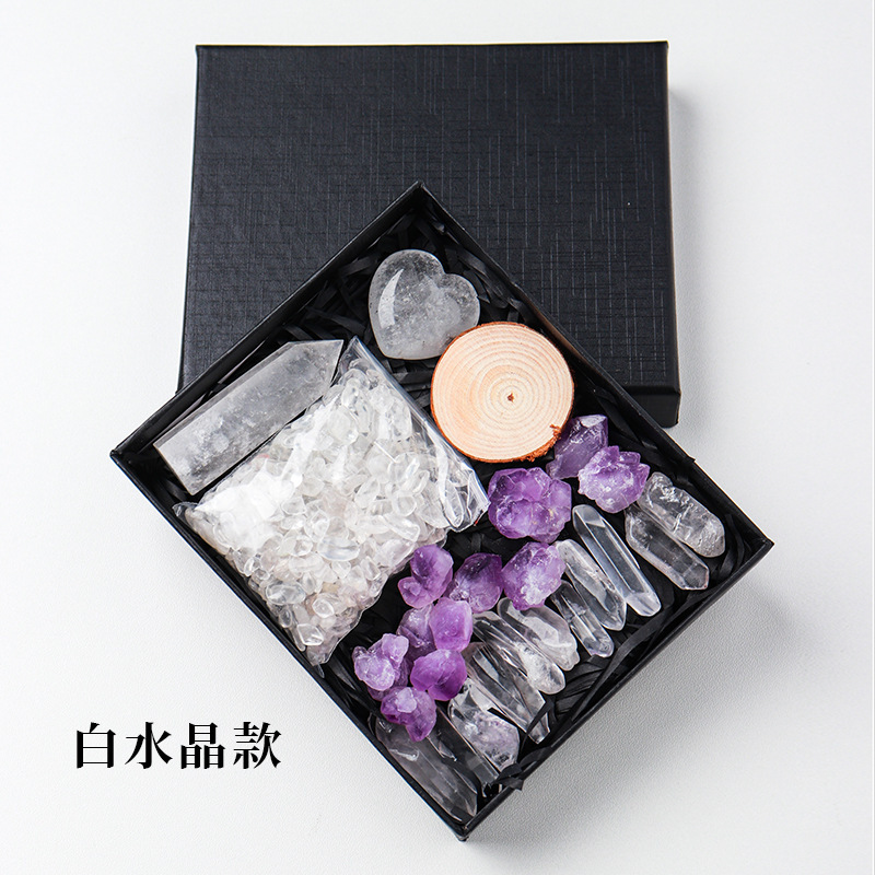 Natural Amethyst Raw Crystal Hexagonal Crystal Stone Set Pink Crystal Heart Mineral Specimen Ornament