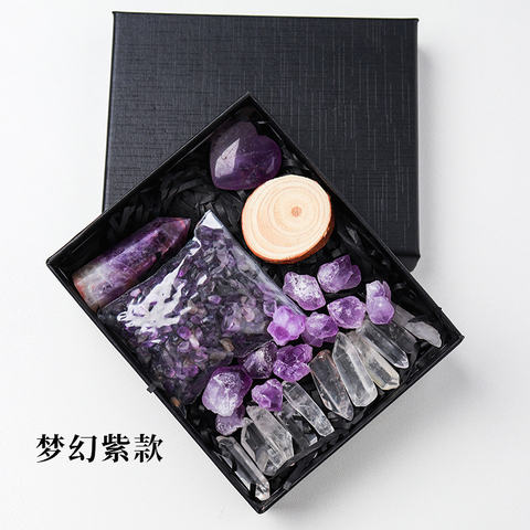 Natural Amethyst Raw Crystal Hexagonal Crystal Stone Set Pink Crystal Heart Mineral Specimen Ornament