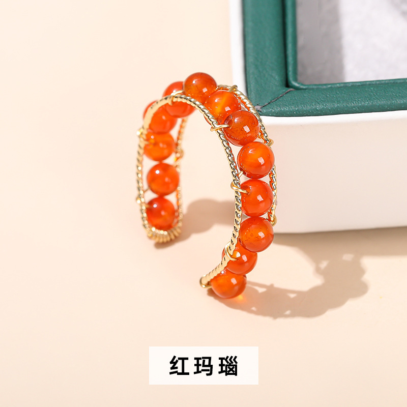 Crystal Jade Round Bead Open Ring for Women, Unique Design, Summer Versatile Ring