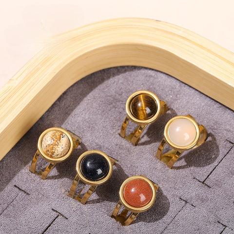 Crystal Agate Gold Ring for Women – Open Round Titanium Steel Band, Unique Versatile Jewelry Gift