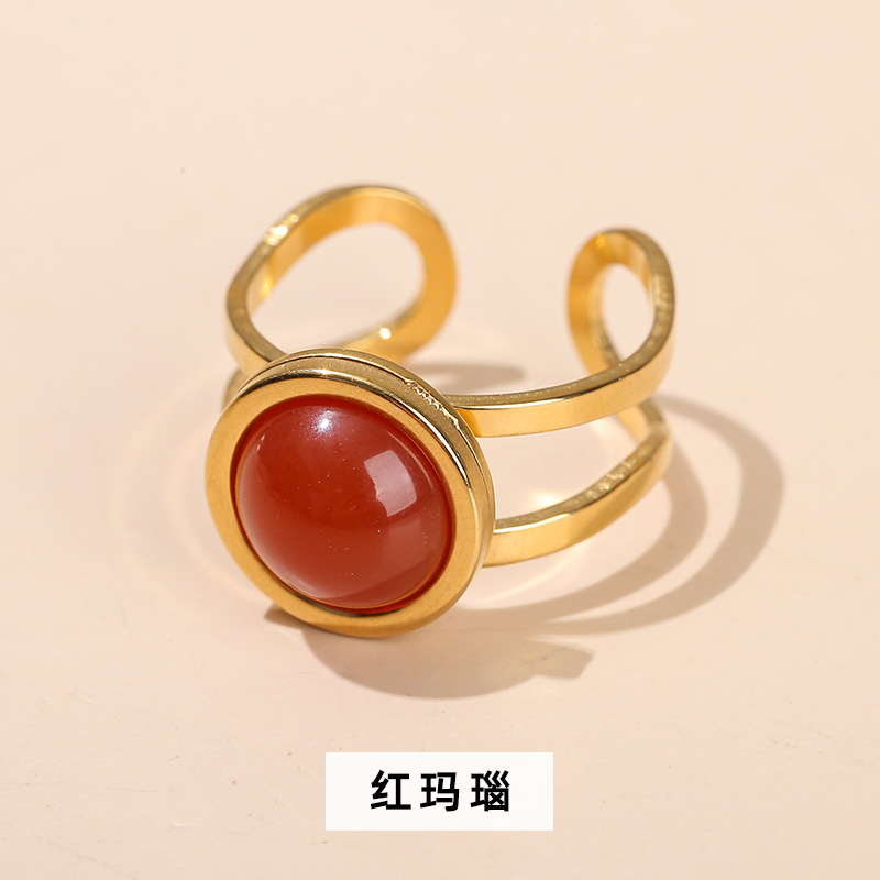 Crystal Agate Gold Ring for Women – Open Round Titanium Steel Band, Unique Versatile Jewelry Gift