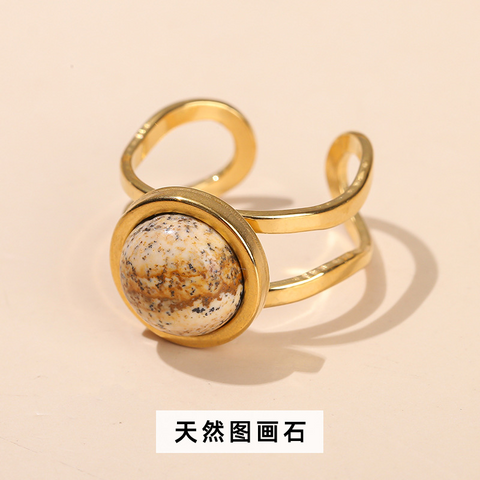 Crystal Agate Gold Ring for Women – Open Round Titanium Steel Band, Unique Versatile Jewelry Gift