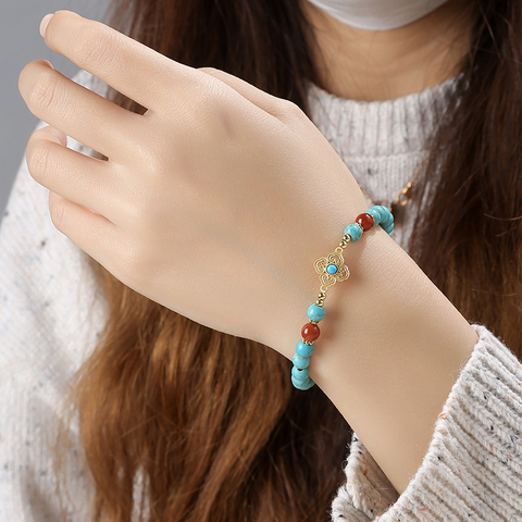 Blue Turquoise Ruyi Bracelet – Ethnic Style Square Beads, Women’s Versatile Single Circle Jewelry