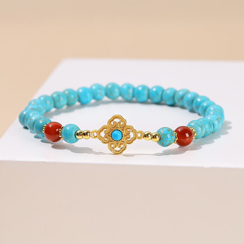 Blue Turquoise Ruyi Bracelet – Ethnic Style Square Beads, Women’s Versatile Single Circle Jewelry
