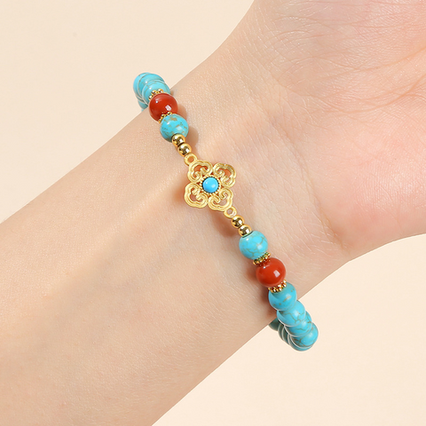 Blue Turquoise Ruyi Bracelet – Ethnic Style Square Beads, Women’s Versatile Single Circle Jewelry