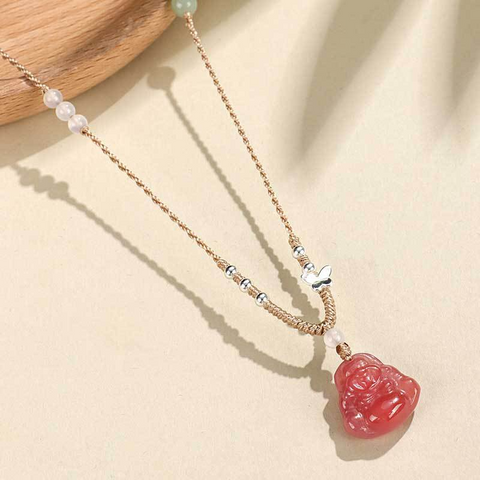 High-End Buddha Pendant Necklace for Women, 925 Silver with Hetian Jade and White Agate – Chinese Style Jewelry