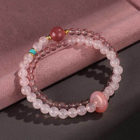 Aquamarine, Amethyst & Strawberry Quartz Bracelet for Women – Double Circle Peace Buckle Beaded Jewelry