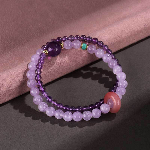 Aquamarine, Amethyst & Strawberry Quartz Bracelet for Women – Double Circle Peace Buckle Beaded Jewelry