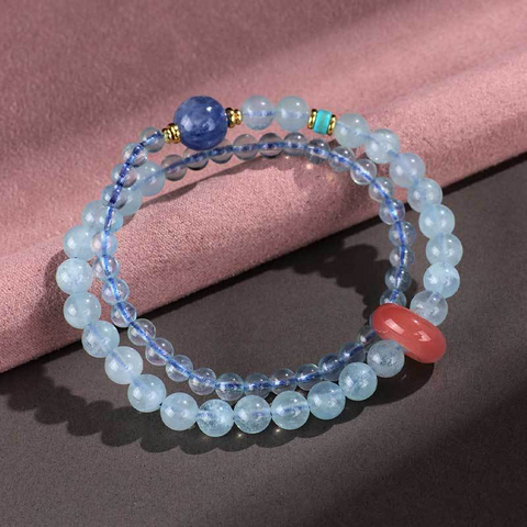 Aquamarine, Amethyst & Strawberry Quartz Bracelet for Women – Double Circle Peace Buckle Beaded Jewelry