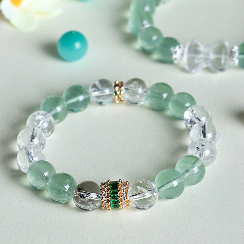 Green Fluorite & White Crystal Bracelet for Women – Bowknot Beaded Pixiu Jewelry