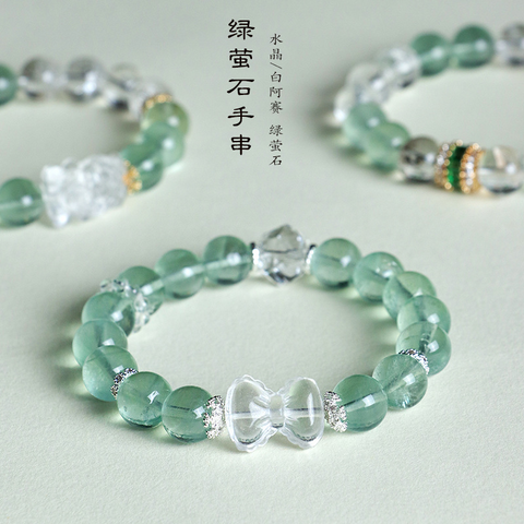 Green Fluorite & White Crystal Bracelet for Women – Bowknot Beaded Pixiu Jewelry