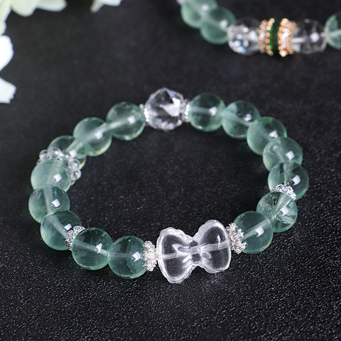 Green Fluorite & White Crystal Bracelet for Women – Bowknot Beaded Pixiu Jewelry