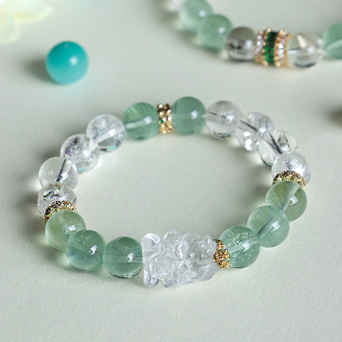 Green Fluorite & White Crystal Bracelet for Women – Bowknot Beaded Pixiu Jewelry
