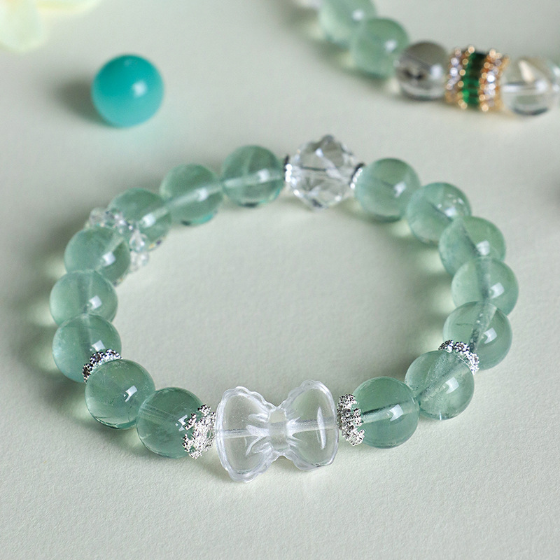 Green Fluorite & White Crystal Bracelet for Women – Bowknot Beaded Pixiu Jewelry