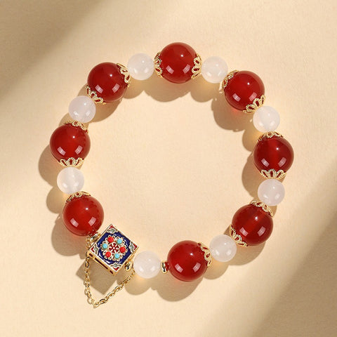 Carnelian Lucky Bead Bracelet for Women – Chinese Style Jewelry with Malachite, Pearl, Moon & Star