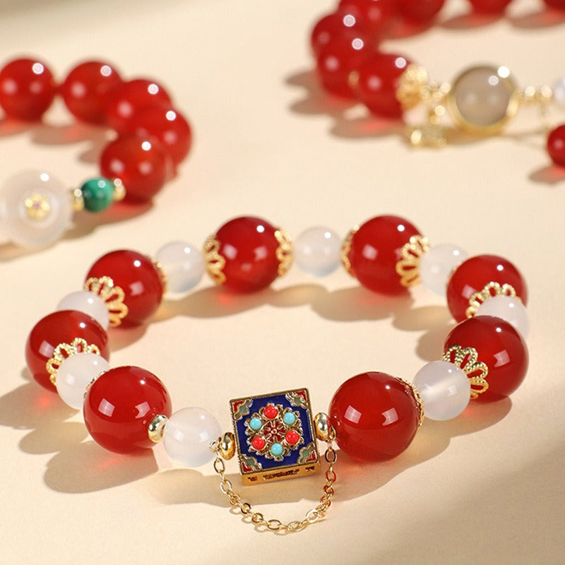 Carnelian Lucky Bead Bracelet for Women – Chinese Style Jewelry with Malachite, Pearl, Moon & Star
