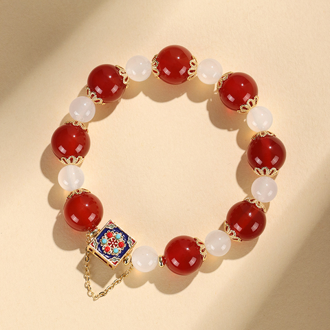 Carnelian Lucky Bead Bracelet for Women – Chinese Style Jewelry with Malachite, Pearl, Moon & Star
