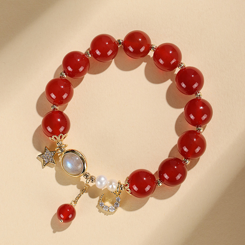Carnelian Lucky Bead Bracelet for Women – Chinese Style Jewelry with Malachite, Pearl, Moon & Star