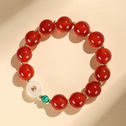 Carnelian Lucky Bead Bracelet for Women – Chinese Style Jewelry with Malachite, Pearl, Moon & Star