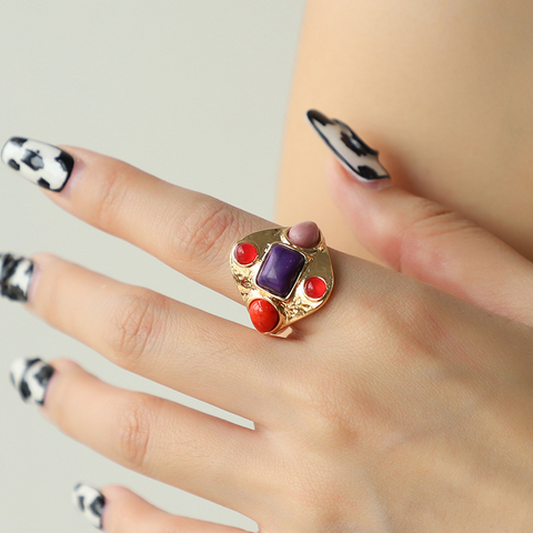 Vintage Turquoise & Tiger Eye Stone Ring – European American Retro Style Fashion Jewelry for Women