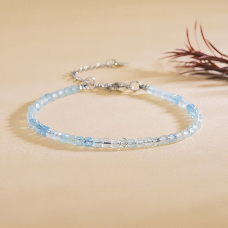 Natural Aquamarine Square Beads 3mm Bracelet Ultra-Fine Faceted Bead Bracelet Crystal Bracelet Sweet Style Niche Original DIY Bracelet