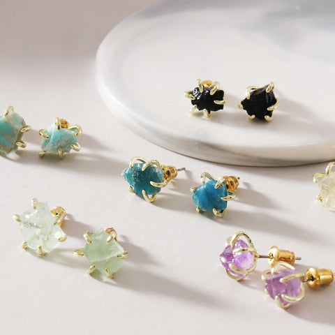 Six-Claw Raw Stone Earrings Vintage Natural Mineral Powder Crystal Jade Women's Earrings European and American Natural Stone Ear Jewelry