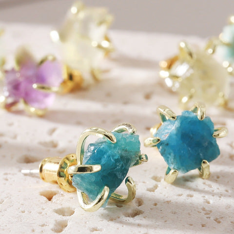 Six-Claw Raw Stone Earrings Vintage Natural Mineral Powder Crystal Jade Women's Earrings European and American Natural Stone Ear Jewelry
