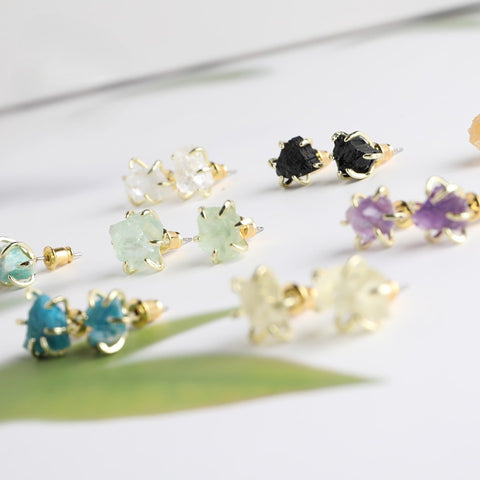 Six-Claw Raw Stone Earrings Vintage Natural Mineral Powder Crystal Jade Women's Earrings European and American Natural Stone Ear Jewelry