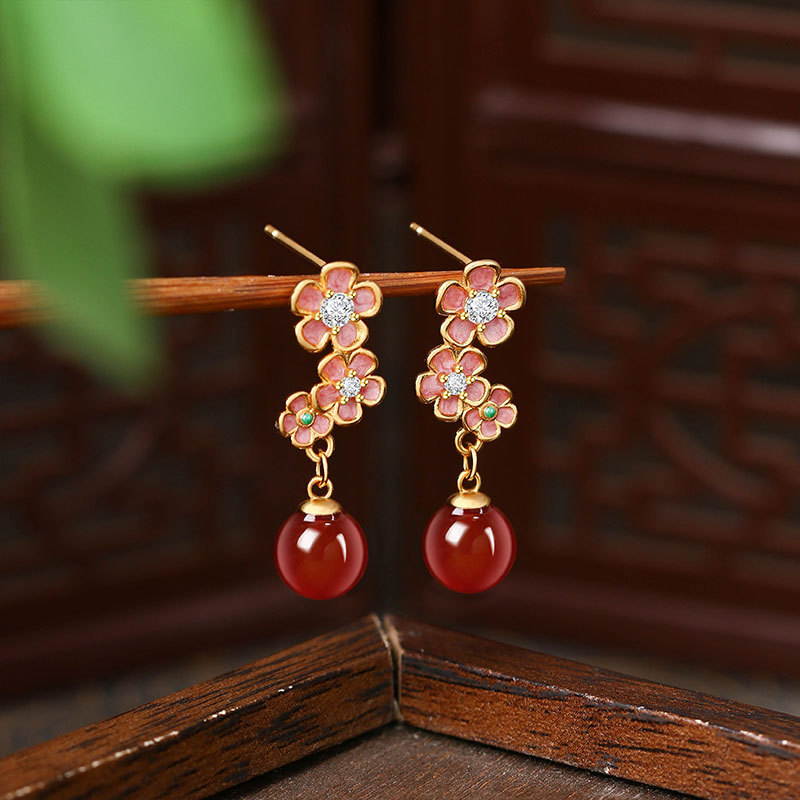 S925 Silver Needle Enamel Peach Blossom Imitation Jade Earrings for Women New Chinese Style Light Luxury High-end Earrings Qixi Festival Gift