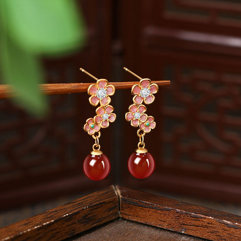 S925 Silver Needle Enamel Peach Blossom Imitation Jade Earrings for Women New Chinese Style Light Luxury High-end Earrings Qixi Festival Gift