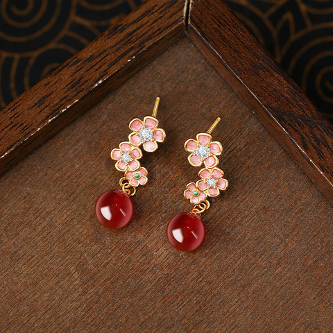 S925 Silver Needle Enamel Peach Blossom Imitation Jade Earrings for Women New Chinese Style Light Luxury High-end Earrings Qixi Festival Gift