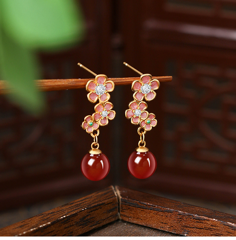 S925 Silver Needle Enamel Peach Blossom Imitation Jade Earrings for Women New Chinese Style Light Luxury High-end Earrings Qixi Festival Gift